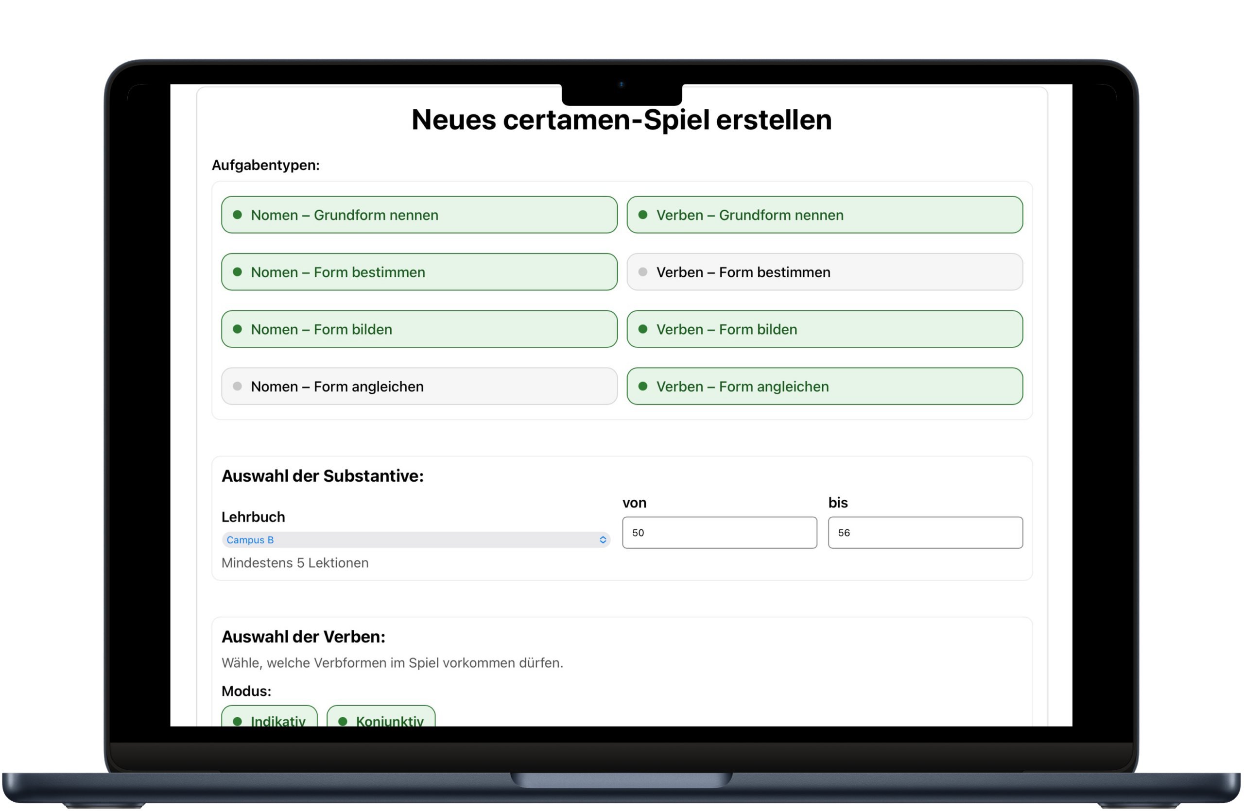 Certamen Spiel erstellen-Ansicht